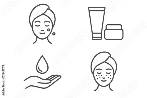 Skincare routine and dermatology icon set. Face with acne, pimples, spots. Skin problem and treatment. Woman with towel on head. Cosmetic cream tube, jar. Serum drop. Line vector.