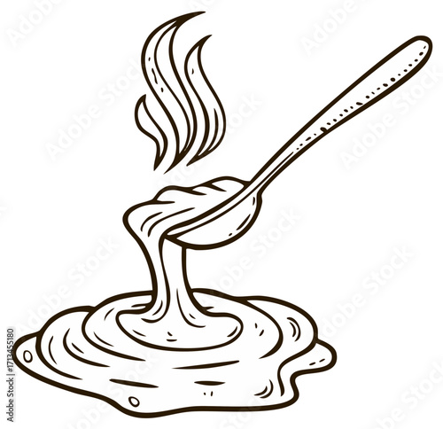 Spoonful of hot, delicious sauce pouring into a pool of sweetness