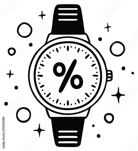 Hand drawn watch face displays percentage symbol with sparkling stars and circles