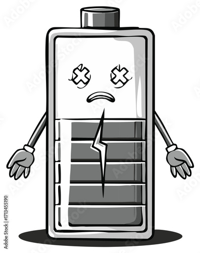 Sad cartoon battery with broken power indicator and X eyes