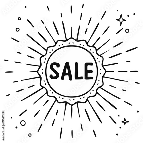 Hand Drawn Starburst Sale Emblem With Bright Bursting Rays And Sparkles