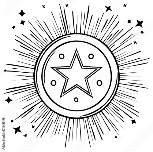 Celestial Starburst Emblem with Radiant Rays and Cosmic Sparkles
