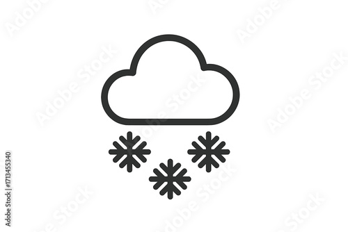 Snow weather forecast icon. Simple line art symbol of a cloud with falling snowflakes. Minimalist vector illustration for winter season, climate, and meteorology concepts.