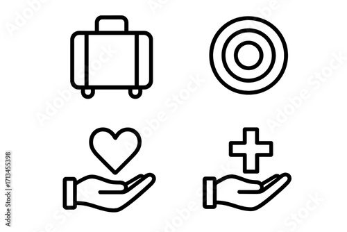 Vector line icon set for business and travel. Includes suitcase for luggage, target for goals, hand with heart for care and charity, and medical cross for health insurance.
