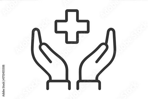 Hands holding medical cross line icon. Health care concept. Metaphor for protection, help, support, and charity. Health insurance, first aid, medicine, and safety logo.