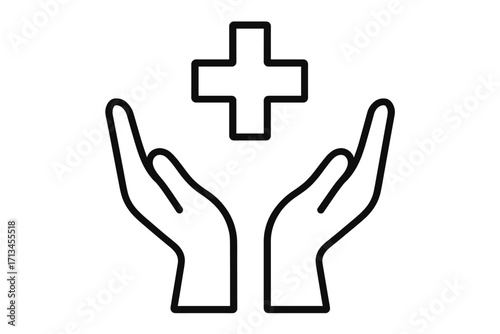 Hands holding medical cross icon. Health care, medicine, and support concept. Charity, donation, insurance symbol. First aid, emergency, and help sign. Vector line art.