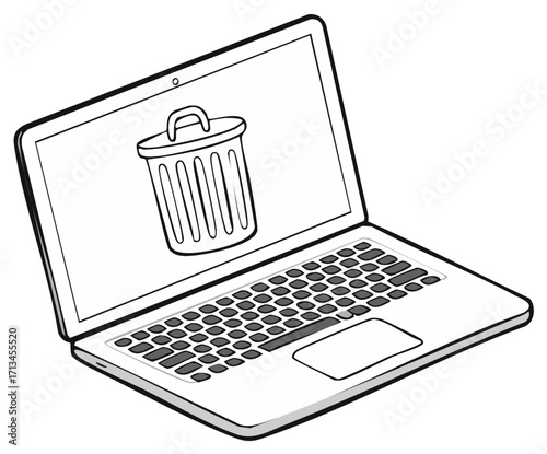 Laptop computer displaying a trash can icon on the screen, symbol for deleting or removing files