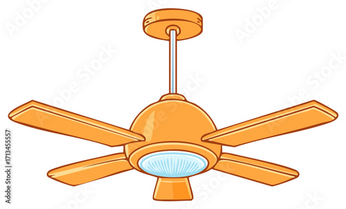 Orange electric ceiling fan with five blades and a built in light fixture vector illustration