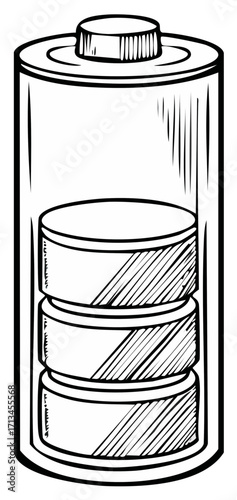 Battery with three stacked cells inside a cylinder with sketched detail