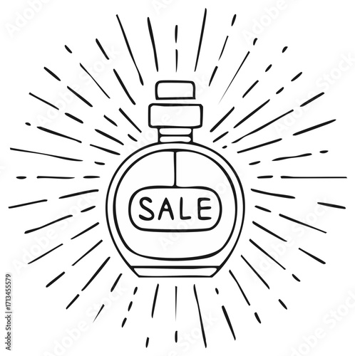 Hand Drawn Bottle with Sale Sign and Burst Lines Offering Discounts for Shopping Events and Promotions