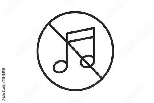 No music sound off icon. Mute button symbol for web and apps. Vector line illustration of a forbidden music sign. Quiet zone pictogram. Silence mode linear graphic element.