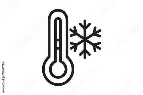 Cold weather icon with thermometer and snowflake. Low temperature, freezing point symbol. Winter season, frost and snow concept. Meteorology vector line pictogram for web.
