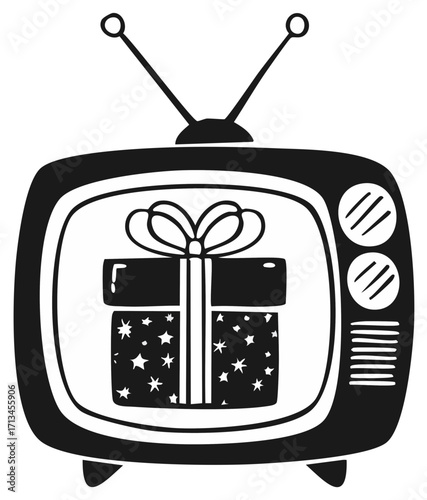 Vintage television screen displays a gift box with a bow and stars