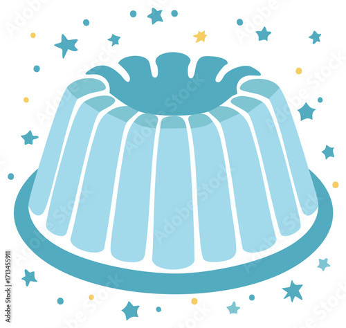 Blue Molded Gelatin Dessert Illustration with Festive Stars and Playful Dots