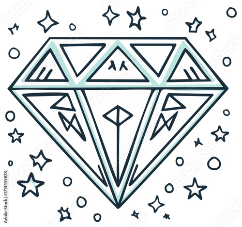 Doodle Diamond with Stars and Circles Hand Drawn Gemstone Illustration