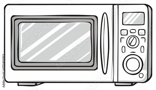 Microwave oven illustration with control panel, door, buttons, dial, and digital screen