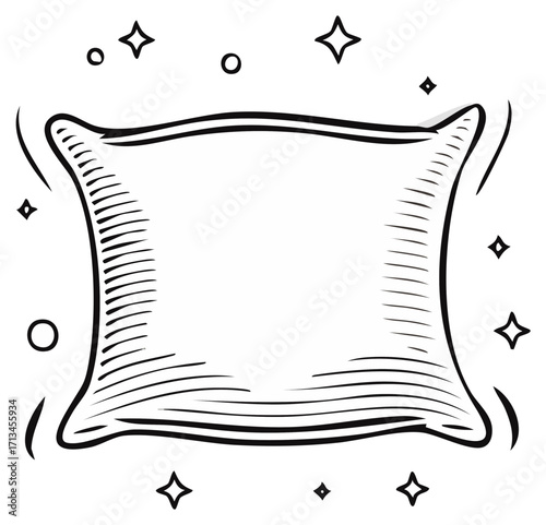 Hand drawn fluffy pillow doodle with sparkling stars and circles symbolizing comfort sleep and sweet dreams