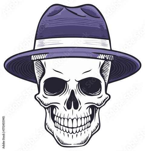 Skull wearing fedora hat illustration, vintage design.
