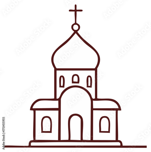 Line art illustration of a traditional religious building with a cross.