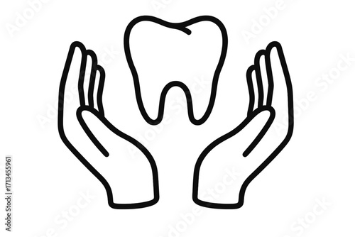 Hands holding a tooth. Dental care and oral health concept. Protection and insurance for teeth. Dentistry and stomatology icon. Vector logo for dentist clinic or medical app.