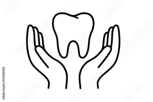 Tooth care concept. Hands holding a molar. Dental health, dentistry, protection, and insurance icon. Oral hygiene and stomatology vector line art illustration. Medical logo.