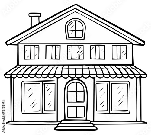 Detailed house illustration with awnings windows chimney and door design vector art for coloring pages vector artwork