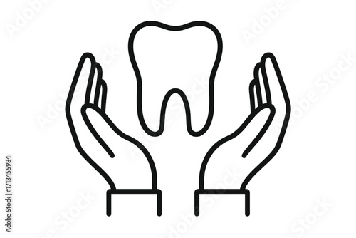 Tooth in hands icon. Dental care and protection concept. Dentistry, oral hygiene, and health symbol. Medical insurance logo. Vector line art illustration for clinic or app.