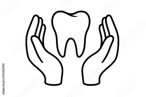 Dental care concept with tooth in hands. Metaphor for protection, safety, and insurance. Dentistry and oral hygiene icon. Vector logo for stomatology clinic and dentist.