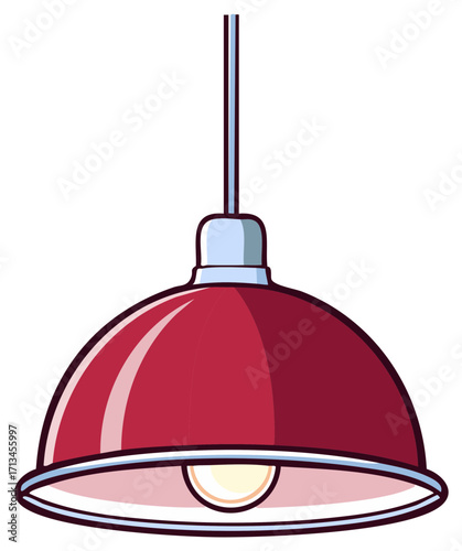 Cartoon vector illustration of a red retro hanging pendant lamp with a glowing light bulb