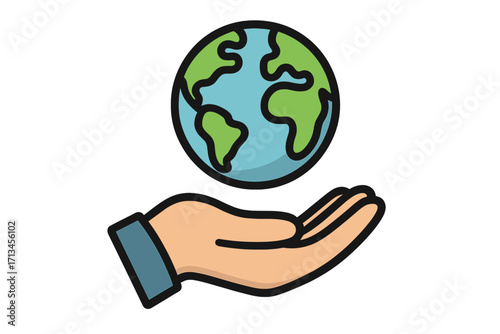 Hand holding Earth. Save the planet concept. World environment day. Ecology, sustainability, and conservation metaphor. Global care, support and protection vector icon.