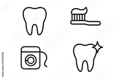 Dental care and oral hygiene icon set. Tooth, toothbrush, toothpaste, and dental floss line icons. Dentistry and stomatology concept. Healthy clean tooth vector symbols.
