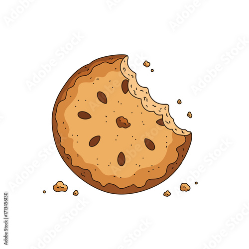 Cartoon vector illustration of a bitten chocolate chip cookie with crumbs