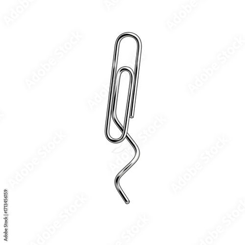 Cartoon style vector illustration of a bent and twisted silver paperclip isolated on white.