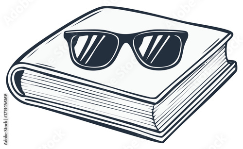 Stylized Graphic of Book with Sunglasses Resting on Top, Suggesting Summer Reading and Cool Summer Reads, Line Art Style
