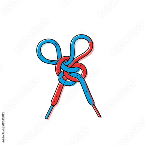 Cartoon style vector illustration of colorful shoelaces tied into a messy knot.