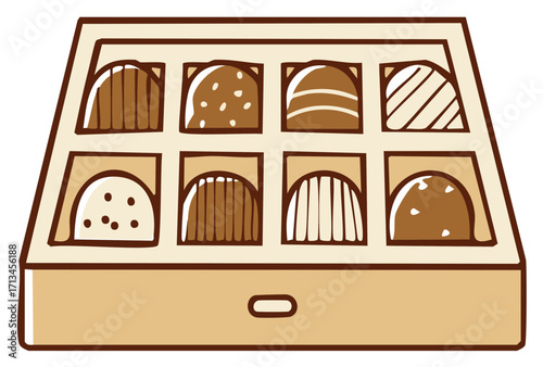 Box of assorted chocolates, sweet treats, cocoa confectionery, brown illustration