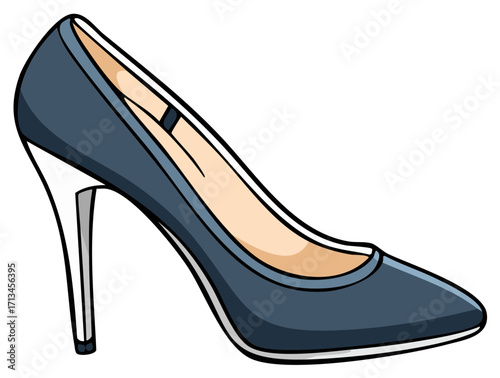 Stylish navy blue high heel pump with a sharp pointed toe and slender stiletto heel footwear design
