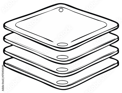 Stack of square tiles with rounded corners, black and white line art vector illustration in isometric view