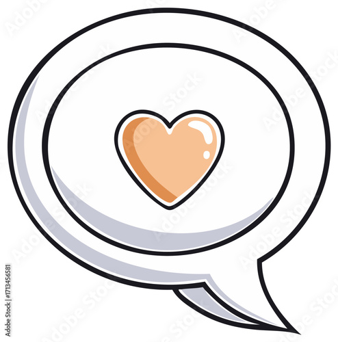Cartoon speech bubble with a glossy heart icon for love messages and social media likes