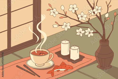 Elegant still life illustration featuring a delicate tea set with floral accents and subtle lighting