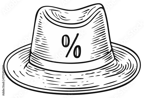 Hand drawn fedora hat with a percent sign symbol, a conceptual illustration for finance and discounts