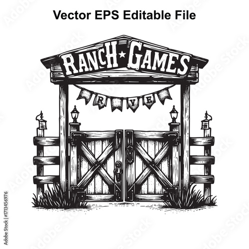 Vector art of rustic ranch games entrance gate with banner and fence, vector illustration