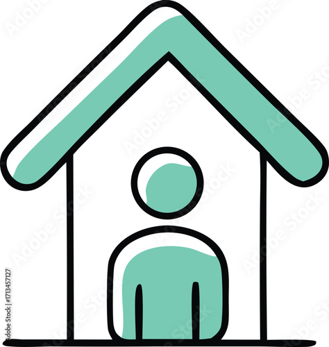 Simple hand drawn style house icon with person silhouette inside home dwelling residence symbol concept