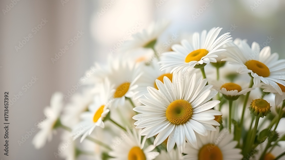 Fototapeta premium Fresh daisy bouquet bathed in soft sunlight, showcasing delicate pastel petals.