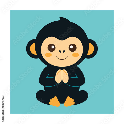 Cute cartoon monkey with hands clasped in prayer or greeting