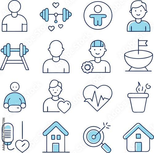 Collection of health and fitness icons representing wellness exercise care and lifestyle choices