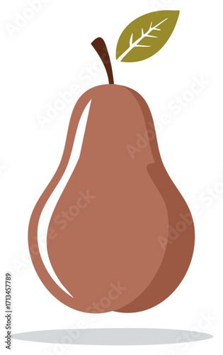 Simple graphic illustration of a ripe brown pear with a single green leaf and stem