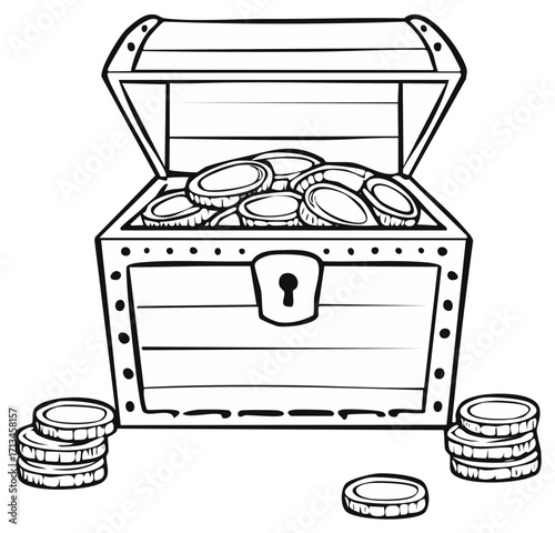 Open treasure chest overflowing with gold coins and money in a line art illustration style