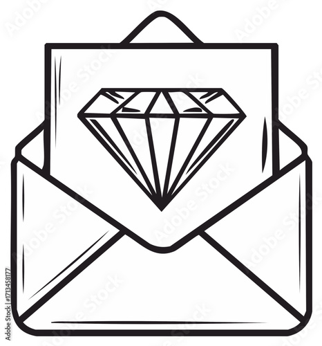 Line art illustration of an open envelope revealing a valuable diamond message