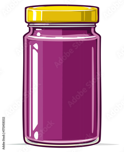 Illustration of a jar of purple jam with a yellow lid, isolated against white.